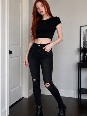 Zara Z1975 Mid Rise Skinny Jeans Black Ripped Knees 38 / 6